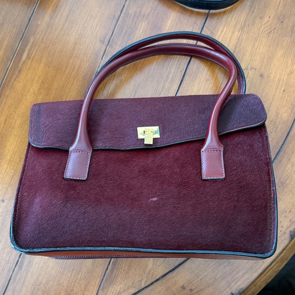 Elegant Maroon Leather & pony hair Satchel